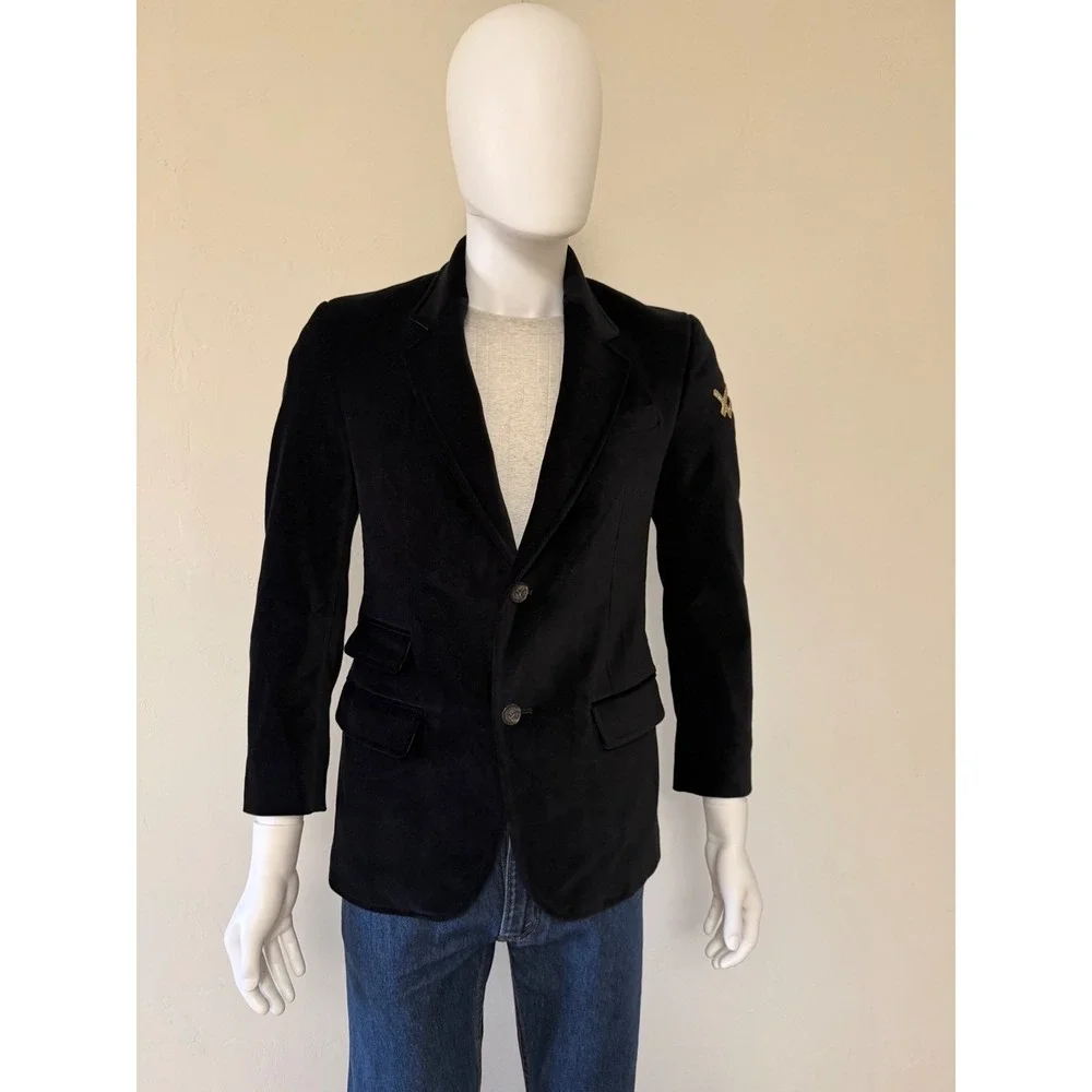 William Rast Mens Black Velvet‎ Blazer Jacket Gold Logo Sleeve Two Button Size S